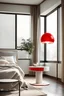Placeholder: Bedside beige table with a red round lamp in Bauhaus style. Realistic photo with panoramic windows