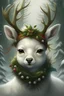 Placeholder: photorealistic Cute fantasy white Christmas fawn wearing a wreath around neck; big pine trees all around; in the style of Bastien Lecouffe Deharme