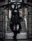 Placeholder: gothic, steampunk delicate mefull-length, young woman dressed like a modern-day witch, with dark hair, outside a shoptal woman, dragonfly, wings, black background