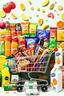 Placeholder: A design filled with various fruit juices, various chips, various types of Fanta, Coca-Cola, Sprite, various famous chocolates, a full shopping cart, packaged cheeses, butter, and pasteurized milk, in cheerful, vibrant, and eye-catching colors.