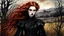 Placeholder: Andrea Kowch, Eleanor Fortescue-Brickdale, surrealistic , ink wash and watercolor landscape illustration, (full length, close up, shot:1.6), of a dark avant garde, leather haute couture, goth punk vampire girl with highly defined hair and facial features, black mascara, fine brushstrokes , highly detailed, boldly inked, vivid autumnal color, ethereal, otherworldly urban background