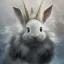 Placeholder: fantasy magic, sharp focus, illustration, highly detailed, digital painting, concept art, art germ and Paul Lewin and Kehinde Wiley, masterpiece silver slolo rabbit with single unicorn horn, dark blue aye