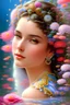 Placeholder: Sharp detailed backdrop and scenery lisa frank portrait of a beautiful mysterious woman surrounded in water and flowing flowers, drenched clothing, wet dripping long silver hair, emerging from the water, fantasy, regal, intricate, by stanley artgerm lau, greg rutkowski, thomas kinkade, alphonse mucha, loish, norman rockwell, mystical purple pink tones blue eyes pear