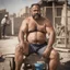 Placeholder: photography of a arab ugly burly serious wet sweaty, muscular chubby strong fat carpenter, shirtless, in broken dirty short pants, bulge, manly chest, very hairy, big goatee 46 years old, short hair, sitting with open legs on a little chair , on a construction site in the middle of a road, under the August sun, emotional eyes, , hyper-realistic, photorealistic , frontal view from the ground