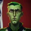 Placeholder: War propaganda of a patriotic soldier wearing green w red lights full torso w a biplane overhead