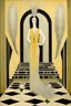 Placeholder: a woman with feathers in an Art Deco foyer by artist "Erté",by artist "Leonora Carrington",by artist "Bridget Bate Tichenor"