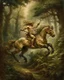 Placeholder: A centaur majestically galloping through the dense forest in the style of gustav dore, fantastical landscape, soft strokes , mythology portrait, classic painting