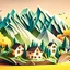 Placeholder: Beautiful nature, houses, Mountains, trees, papercurl illustration.