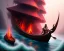 Placeholder: sango fantasy, fantasy magic, intricate, sharp focus, illustration, highly detailed, digital painting, concept art, matte, Greek mythology Charon ferryman in boat on river styx, sharp jagged rocks, red purple blue colours, red hot lava river