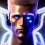 Placeholder: Handsome cosmic man, realistic, blond hair, blue eyes, tron glitter suit, blue lights, full of détails, stars in background, unreal engine 5