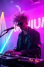 Placeholder: French cool synth player with crazy techno acid hair, he is called "Jean-Maurice Brûlée" performing at dance club, his name is "Jean-Maurice Brûlée" , white and purple Neon lights and purple smog, yellow shower rain, and "URINIUM" big sign on the wall, he is playing on synthesizers on stage with lot of laser beams and wearing black sunglasses, an earth is projected in background