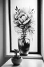 Placeholder: A realistic drawing in negative space black ink on white background a flower in vase in a window with blurred background with abstract brushstrokes tattoos to enhance her face max enrist