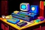 Placeholder: retro tech on a desk, Magneto-optical disk, floppy disk, Hard disks, ram, VHS, Retro pc, slight watercolor, no humans