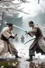 Placeholder: A fight based on sword techniques, murim style, manhwas, murim genre, setting in ancient China, plum blossoms and rainy day