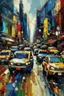 Placeholder: New York City street traffic jam in abstract expressionist painting in vivid colors, thick impasto brushstrokes, spontaneous drips and splatters, texture and movement, explore emotions and ideas through non-representational forms --v 5.2