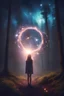 Placeholder: girl in the forest, sparks around her, galaxy on background,