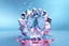 Placeholder: very complex 3d structure ,pretty viberating blue tema color environment 3d metalic and crystal recursive evolving and animating beveled geometric base very complex CIFY structure emiting bubbles that broke, goddess of love in a pretty modern dress comes out dancing fast hip hop, viberating color moving very in modern city escap environment while camera tracking it.write in down screen 3d animating"Made in Qwen By:J.Babakan"