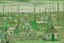 Placeholder: A light palish green abandoned moldy village designed in Scandinavian folk art painted by Paul Klee