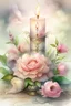 Placeholder: MAGIC A PYRAMID CANDLE IS BURNING AROUND WONDERFUL FLOWERS English watercolor, Smoky cream, pale gray, pale pink, pink background. bright light, a bouquet of roses on the table are pale pink, pale bordeaux, white, ochre. green stems, the light is translucent. Watercolor, fine ink drawing, peonies in an hourglass, elegant gold inlay, rich interior