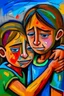 Placeholder: a girl hug her brother and both crying sadly, expressionism, Pixar style, in abstract art Basquiat, Picasso, Miro, Kandinsky, Klee, Birell, Fairey, Ardon, Buffet aand Picasso style, HD --s 750 --v 5.1 --style raw, water color