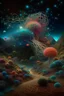 Placeholder: Fabulous composition, cosmic, hyperrealistic, microdetalization, surreal, drawing details, clear outline, color illustration, aesthetically pleasing, stardust, mystical landscape, curved trees, calendula, dark fantasy, monsters, multicolor, detailed, 3d, threads, fibers, bolto, mountains, fantastic pine neurons,ambient clarity,voluminous