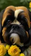 Placeholder: brown and black shih tzu headshot in yellow roses