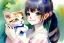 Placeholder: A cute smiling manga girl is holding a kitten. Watercolour