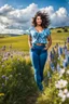 Placeholder: beautiful girl in nice top and blue pants with curvy hair,country side ,wild flowers,blue sky nice clouds,