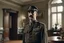 Placeholder: ww1 cop talking close-up standing up looking to the camera, ww1 mansion living room background