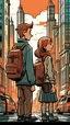 Placeholder: Sure, here is the English translation of your text: A boy and girl in a crowded city, wearing backpacks. The city is modern. There is a tall building in the city with the words "Hamro" written on it.