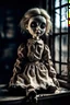 Placeholder: looking at the camera a high realistic porcelain puppet doll, old, dirty with old dress, sitting on shelf, in background blur cracked window. The figure has cracked face and head, and piercing big black eyes. High contrast, cinematic, thriller, dark, atmospheric. Surreal style , perfect composition, sharp focus, intricate details, crepy stunning horror vibe