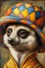 Placeholder: Imagine an anthropomorphic meerkat with a harlequin hat ,by Judith Leyster. in the style of August Macke, John Blanche. Modifiers: oil on canvas vibrant imperial colors hyperrealistic ultra detailed crisp quality whimsical muted colors Decadent 64K, UHD, HDR, HQ anthropomorphic face dark, gloomy, mysterious ©Miwi metallic bronze accents