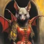 Placeholder: a Hideous, horrifying, frightening Snow White the vampire bat, wearing a red leather sling suit with a gold/yellow bat emblem on the waist, dark, multicolored watercolor stained wall in the background, oil painting in the art style of Frank Frazetta, 32k UHD, Hyper realistic, photorealistic, realistic, sharp, highly detailed, professional quality, beautiful, awesome, majestic, superb, trending on artstation