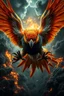 Placeholder: Create a ultra high definition and photorealistic image, 12k quality of a beautiful phoenix, majestic and strength showing, emphasis on texturized claws, upclose with a front view flying towards the camera, centre of an explosive and chaotic background scene of Armageddon where he is followed by demon like dark clouds in persuit trying to grab him, phoenix has striking eyes and determined look, majestic wings folded inwards in flight, bright auburn, black, white, grey and yellow colours, gothic