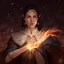 Placeholder: Generate a dungeons and dragons character portrait of a female elf with tan skin and dark hair, who is a cleric of the moon, recolor image in white, silver and slate blue with a starry celestial theme, make flame white