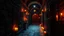 Placeholder: a witch's haunted hallway at night with candles, orange, night, 8k, high quality, trending art, trending on artstation, sharp focus, studio photo, intricate details, highly detailed, by tim burton