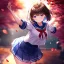 Placeholder: Clear focus,High resolution, one girls, Short brown hair, Purple eyes, Wearing a sailor uniform dancing with blurry sakura leafs falling down