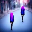 Placeholder: Beautiful lonely girl who walks along a street without people at dawn. You see her from behind. She is very short blue dressed. She has long pink hair with glowing crystals. Full body, 8k resolution concept art. Professional Photo HD. Stylish. Warm vivid colors. Panoramic