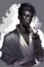 Placeholder: Male Air genasi fra d&d with black skin smoke some hair an Asian skin ghostly appearance with a Smokey undertone