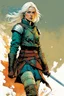 Placeholder: create an imaginative full body print illustration of an ethereal, otherworldly , pale female Witcher with short flaxen hair wearing a tattered battle worn padded gambeson and boots , in the comic book art style of Bill Sienkiewicz, Mike Mignola, and Jean Giraud Moebius, with highly detailed feminine facial features , finely drawn, colored and inked,