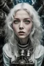 Placeholder: Closeup teenage Girl with big gray eyes, white hair, dieselpunk, valves rising from the ground, the perspective looking up from the bottom of an empty well , Underwater 8k, macro photography by <John Kenn Mortensen>, darkred tones,