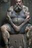 Placeholder: full figure shot photography of a dirty burly muscular chubby turkish manly man happy sitting, 62 years old, beefy, ugly , crossed arms, long beard, curly hair, sweat, tattoo, with completely torn and faded dirty cotton unbuttoned short trousers, tattoo, big bulge, beard , big legs, drunk eyes, bare-chested, huge belly, in industrial area, photorealistic, side light, view angle from low , ambient occlusion