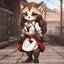 Placeholder: Abelaya is a female khajiit with brown fur and darker brown spots and long light-brown flowing hair dressed in dock worker's white shirt with a red top and skirt and work gloves, in chibi art style, background docks