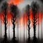 Placeholder: silhouette of tall dark trees, black, gray colors, surreal, foggy, mesh, red-gray-orange background, painted, lacy pattern melting, dreamlike scene, blurred with wet ink, masterpiece