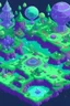 Placeholder: pixel art top down planet surface in 2d game, detailed level, mint green terrain, violet earth with plants and rocks, space trees with lanterns