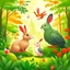 Placeholder: pictures of rabbits and birds in the lush forest