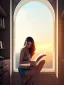 Placeholder: Beautiful, thin young woman, Arab home clothes, wavy hair, sitting on an office chair, reading a novel, next to a window, outside the window is sunset , 8k, finely detailed, photo realistic, cinematic