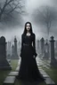 Placeholder: photorealistic slim woman looking like Drusilla in a cemetary with mist and crypts