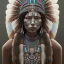 Placeholder: war painted pueblo Indian female,detailed eyes, disturbed expression.intricate detaile,thnically accurate face, intricate head dress,detailed turquoise jewelry, detailed hair, detailed feathers, use dynamic palette, accurate proportions, high contrast black smokey bokeh background.studio ghibli,andrea bonelli, style.