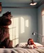 Placeholder: Realistic bedroom scene. big furry monster sitting next to human girl from behind. Wes Anderson style. Red hair, smile, happy, gradient color fog. highly detailed, concept art, unreal engine 5, ray tracing, RTX, lumen lighting, ultra detail, volumetric lighting, 3d, finely drawn, high definition, high resolution.